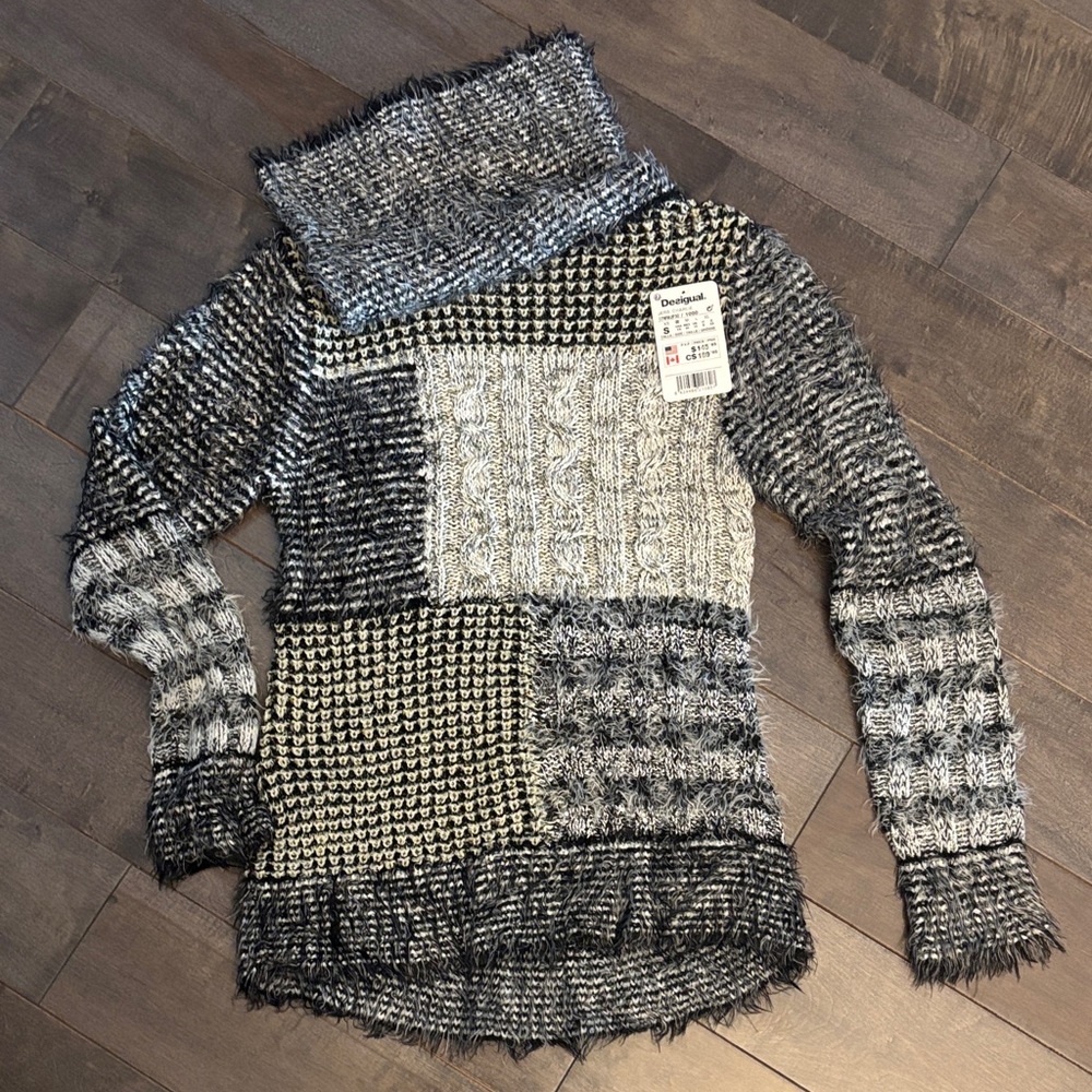 Desigual Black and Gray Patchwork Turtleneck Swea… - image 1